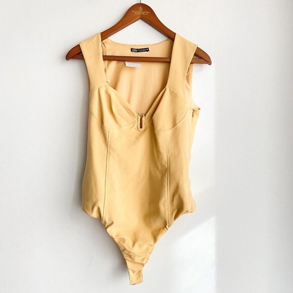 NWT Zara Pastel Yellow Sweetheart  Neckline Sleeveless Bodysuit L - Picture 2 of 5